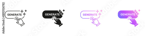 AI Generate Button With Hand Click Icons for User Interaction. Artificial Intelligence Action Tools Symbol Collection. Isolated Vector Illustration