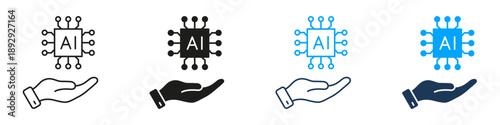Hand Holding AI Chip Innovation Support Line and Solid Icon Set. Artificial Intelligence Assistance Technology Symbol Collection. Isolated Vector Illustration