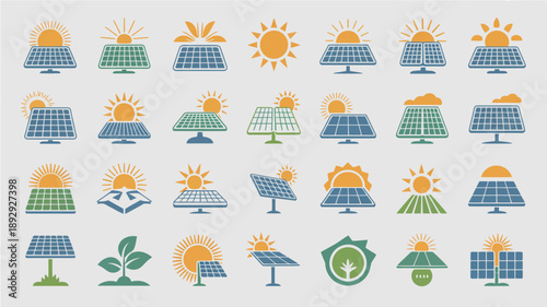 A collection of various solar panel and sun icons in teal orange and green hues is displayed against a light gray background high quality professional detailed