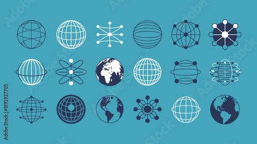 A collection of stylized globe and atomic structure icons are displayed against a solid teal background representing global networks high quality professional detailed modern elegant stylish