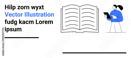Education, digital learning, publishing, remote work, online training, document management. Open book beside a woman holding a tablet. Education and digital learning design