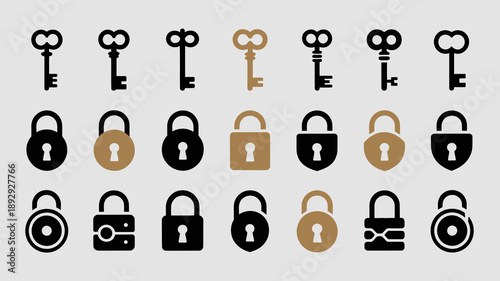 A collection of vintage keys and padlocks are displayed in varying styles and colors arranged in neat rows on a light gray background high quality professional