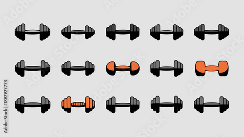 A series of dumbbell icons are displayed progressing in a visual sequence from complete to fragmented forms on a gray background high quality professional detailed modern