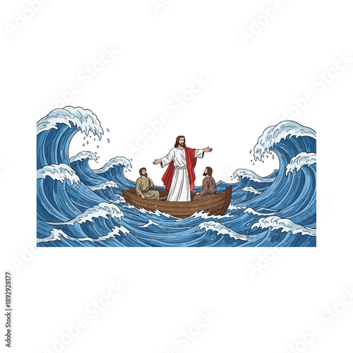 Jesus Christ walking on water during a storm with disciples in a boat.
