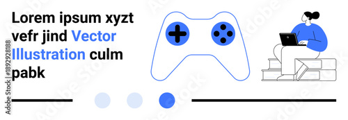 Game controller and person using laptop, aligned with playful tech visuals. Ideal for gaming, entertainment, tech innovation, youth culture, digital learning, interactive experiences, and simple