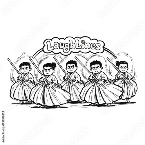 Five determined cartoon samurai warriors in traditional attire, wielding katanas, ready for battle.