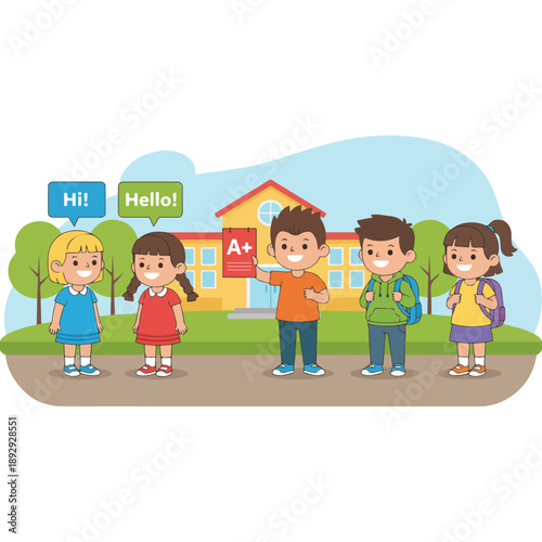 Group of Children Standing Outside School Building.