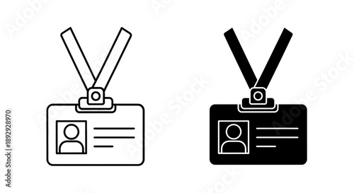 ID badge icon for identification and access, with portrait and details, in outline and solid fill vector