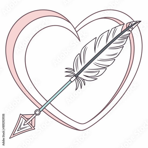 A stylized Cupid's arrow piercing through an abstract heart outline, representing love's impact and the start of romance in modern vector art.