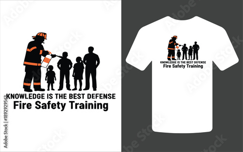 A mockup of a white t shirt displaying a firefighter teaching a family about fire safety