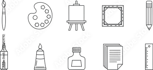 A collection of line art icons depicting various art and craft supplies for drawing and painting