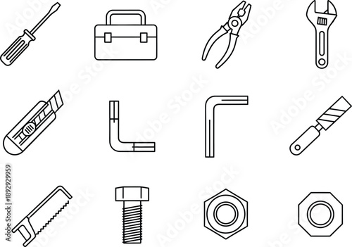 A collection of essential hand tools and mechanical components represented by simple line art icons