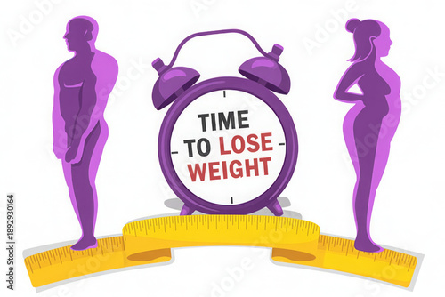 Time to Lose Weight. Weight loss concept. Fat and thin man and woman. 
