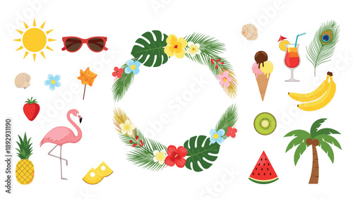 Colorful collection of tropical summer elements featuring a leaf wreath, flamingo, pineapple, exotic fruits, and beach accessories.