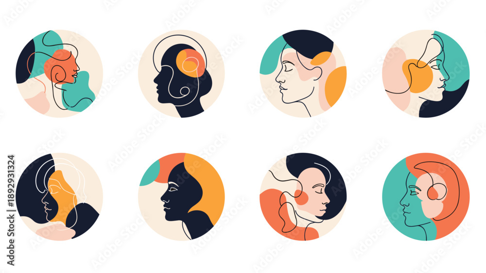 Fototapeta premium Set of eight circular minimalist line art portraits of women profile faces with abstract colorful shapes in the background.