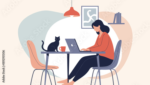 Woman working on a laptop at her kitchen table while a black cat sits beside her in a cozy and modern apartment setting.