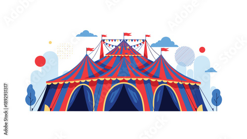 Large red and blue striped circus tent with several peaks and flags flying against a blue sky with stylized clouds and trees.