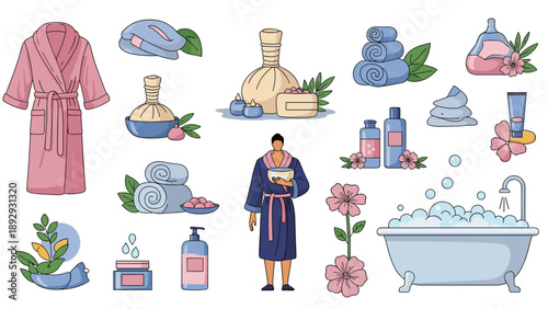 Large collection of spa and beauty items including robes, towels, oils, flowers, and a person performing a wellness ritual.