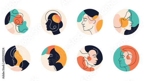 Set of eight circular minimalist line art portraits of women profile faces with abstract colorful shapes in the background.
