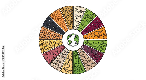 Vector illustration of a colorful circular icon featuring various types of pulses for World Pulses Day in the USA, showcasing different elements and patterns.