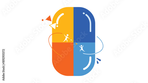 Creative abstract illustration of a large pill capsule divided into four colors with tiny human figures playing sports inside it.
