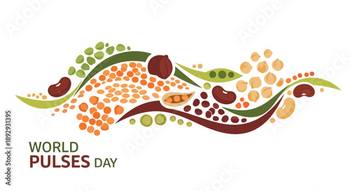 Vector illustration for World Pulses Day featuring colorful elements and icons of pulses on a white background with a vibrant and lively mood.