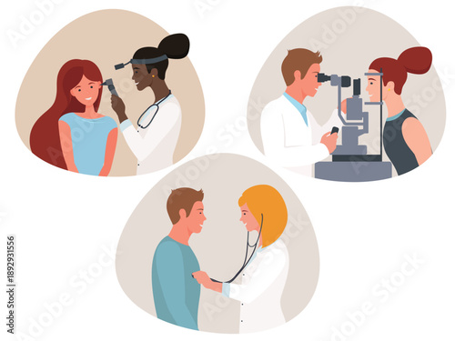 Doctor and patient. A set of illustrations on a medical theme. ENT doctor. Ophthalmologist. General practitioner.