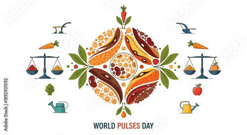 Vector illustration for World Pulses Day featuring various pulses and food elements in a circular composition on a white background with people icons and a USA theme.