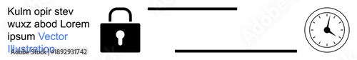 Security, time tracking, workflow management, communication concepts, privacy, and deadlines. Black lock and clock icons with abstract lines. Security and time tracking concept
