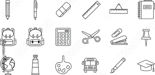 A diverse collection of school and office supplies line art icons for education and learning projects