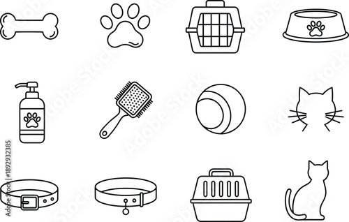 Collection of pet care accessories line art icons for dogs and cats on white background
