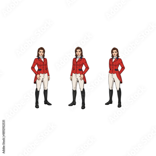 Three women in red equestrian jackets and white breeches standing confidently.