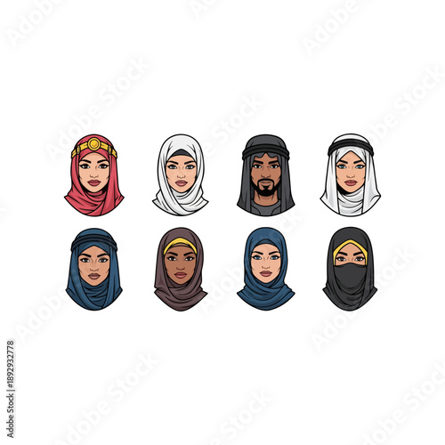 Diverse Muslim Faces with Headscarves and Veils.