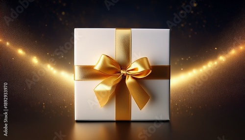 Caixa De Presente Branca Com Fita Dourada Com Fundo Infinito Iluminado