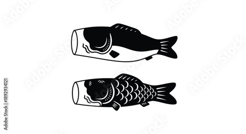 Two koinobori fish flags depicted in a stark black silhouette