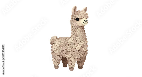 Sequined llama figurine standing on a white background with a mosaic texture and shiny appearance.