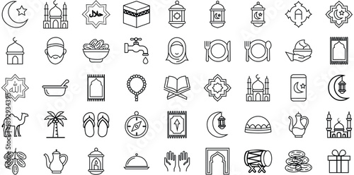Ramadan Symbols Icon Set: A comprehensive collection of iconic symbols of Ramadan, elegantly illustrated in a minimalist style, perfect for representing the holy month's essence.