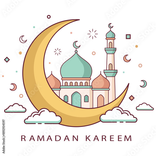 Ramadan Celebration: An illustration of a mosque nestled within a crescent moon, radiating the spirit of Ramadan Kareem. The delicate artwork evokes peace and serenity during this holy month.