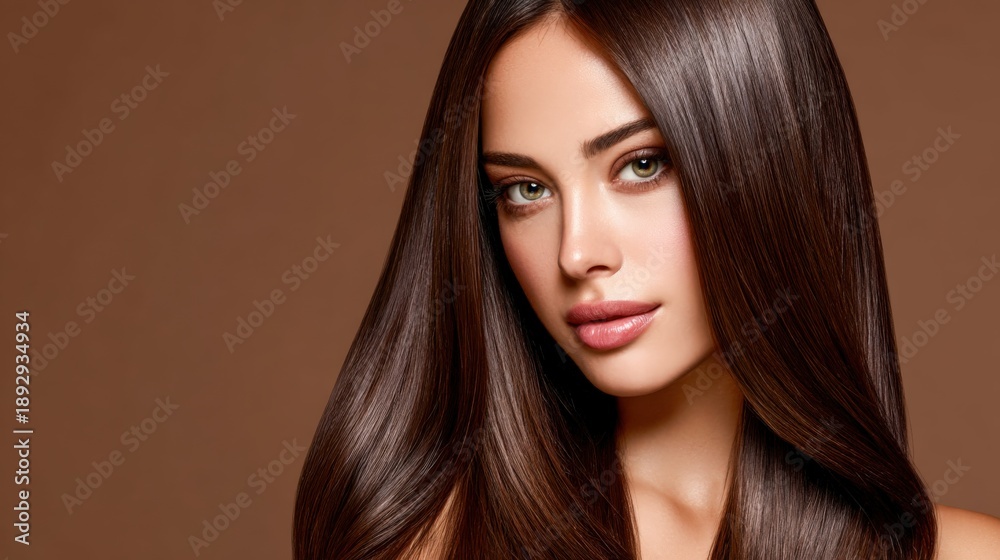 Fototapeta premium Model shows long hair with smooth shine in studio setting