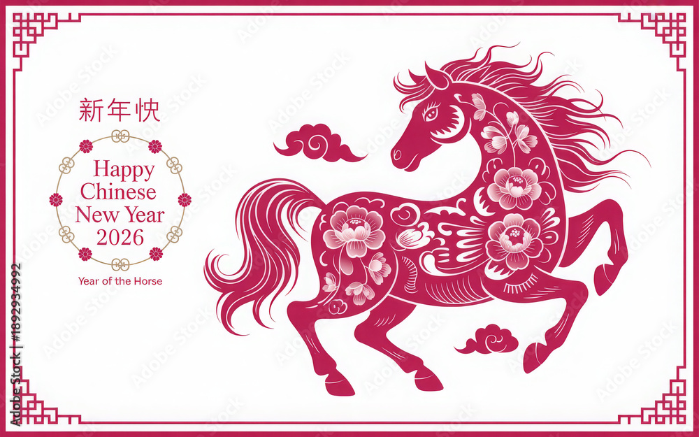 Fototapeta premium Happy chinese new year 2026 the horse zodiac sign with flower,lantern,asian elements red paper cut style on color background. ( Translation : happy new year 2026 year of the horse ) 