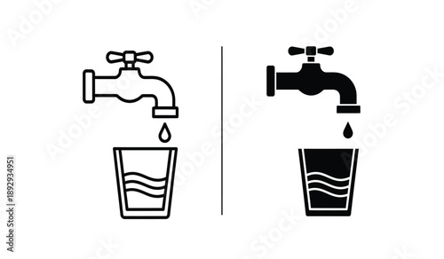 Black and white illustration of clean and dirty water flowing from taps into glasses