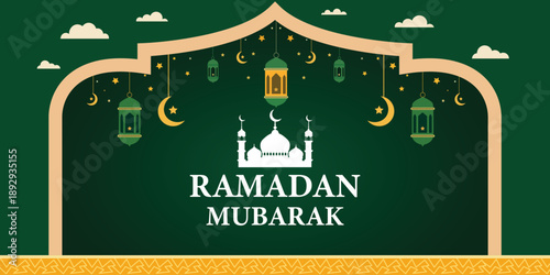 Ramadan Mubarak Illustration: A festive illustration of the Ramadan Mubarak celebration, showcasing a mosque, lanterns, and crescent moons, all set against a rich green backdrop.