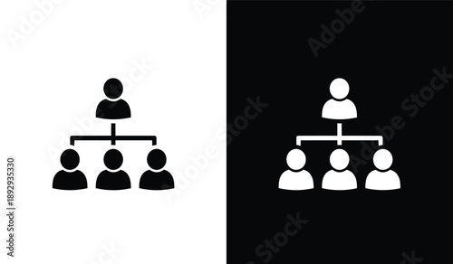 Black and white icons of organizational chart or hierarchy with multiple people