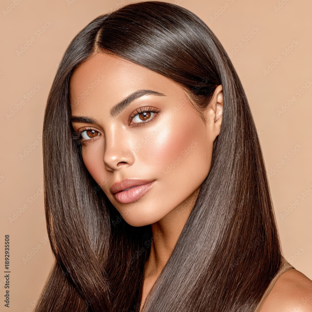 Fototapeta premium Model displays sleek hairstyle and natural makeup in studio