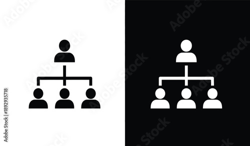 A set of two black and white organizational chart icons depicting hierarchical structures with one leader and three subordinates each and black backgrounds