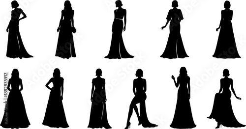 set of silhouettes of women in elegant evening gowns in various poses