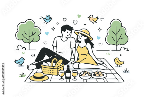 Romantic Picnic Escape. Picnic date scene. A couple sitting on a picnic blanket with light snacks and drinks, surrounded by trees and birds. Relaxed outdoor