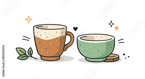 Artisan Tea Cups. Handcrafted pottery. A close-up scene of stoneware tea cups with organic shapes and earthy tones, expressing craftsmanship and authenticity.