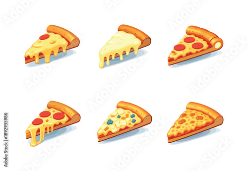 Cheesy Pizza Icons. Cheesy slices. Isometric flat vector icons set of Cheesy slices: extra cheese pizza slice, melted mozzarella slice, cheesy crust slice,