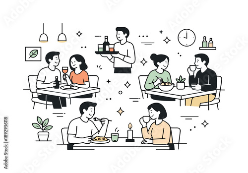 Cozy Restaurant Ambiance. Restaurant ambiance. A cozy dining space with simple tables, soft lighting, and calm guests enjoying the atmosphere. The scene feels